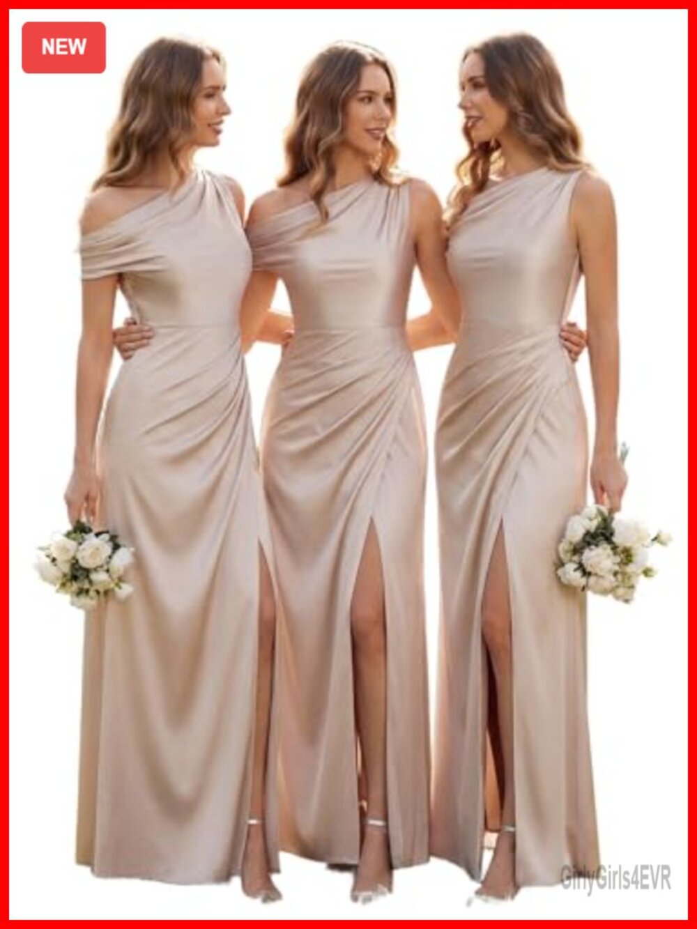 One Shoulder Satin Maxi Formal Dress Slit Ruched Wedding Guest